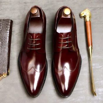 

Handmade Brogue Men's Natural Leather Shoes Pointed Toe Business Dress Shoes Breathable Wedding Shoes for Men Formal Shoes 37-46