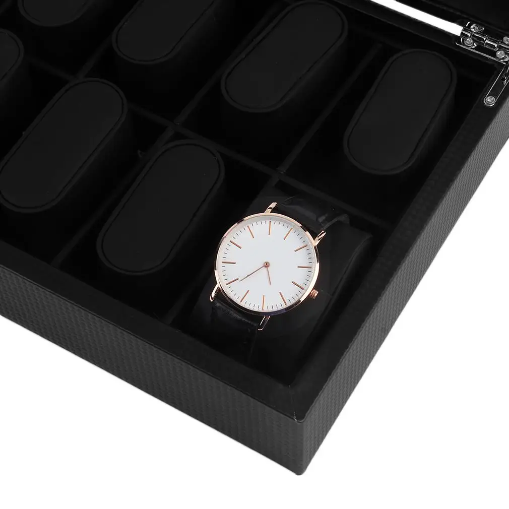 12 слотов коробки для часов роскошный углеродный волоконный дисплей дизайн ювелирных изделий коробка-витрина для часов держатель для хранения с большим стеклянным окошком высокого класса