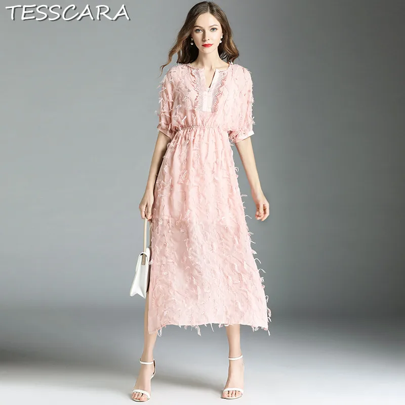 

TESSCARA Women Elegant Pink Dress Festa Female High Quality Fashion Designer Long Party Vestidos Vintage Office Robe Femme