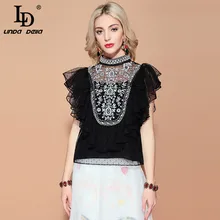 *#Best Price LD LINDA DELLA Fashion Runway Summer Black Lace Tops Women's Butterfly Sleeve Ruffles Flower Embroidery Blouses Vintage Top *#Best Price LD LINDA DELLA Fashion Runway Summer Black Lace Tops Women's Butterfly Sleeve Ruffles Flower Embroidery Blouses Vintage Top