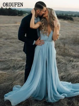 

Sky Blue Prom Dresses 2019 Front Split Plugging V Neck Backless Sexy Formal Party Gowns vestidos de fiesta largos elegantes