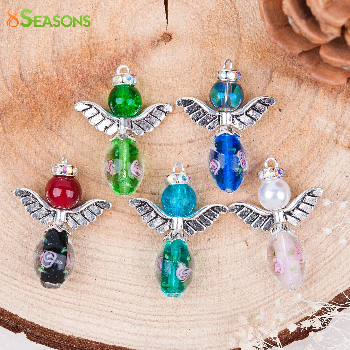 

8SEASONS Trendy Glass Guardian Angel Wing Pendants Mixed Antique Silver With Round Acrylic Bead 32mm x 24mm,1 Set(5 PCs/Set)