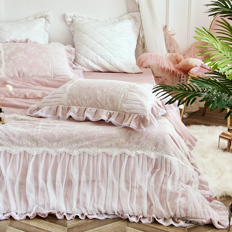 US $126.78 PinkwhiteWathet luxury Lace Embroidery Egyptian cotton Bedding Set Duvet Cover Bed Linen Bed sheet Bed Skirt Pillowcases 4pcs