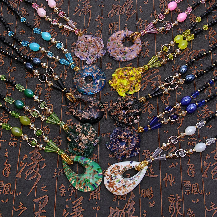 

wholesale imitation crystal pendant sweater chain necklace bohemia Vintage Ethnic Long Handmade mala beads necklace