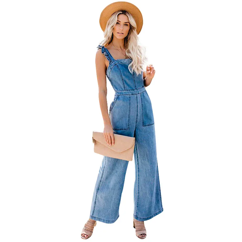 

Women Sleeveless Straps Denim Jumpsuit 2019 Summer Pockets High Waist Wide Leg Overalls Loose Casual Solid Long Rompers