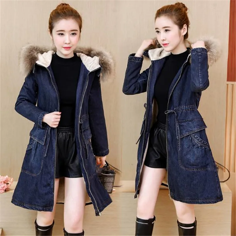 Veste Plus Capuche Cowboy Long Vêtements Fourrure Jean Velours Épais Hiver De 2018 Femmes Taille Femme D'agneau Blue La Manteau En À Col WfqwdxxYp
