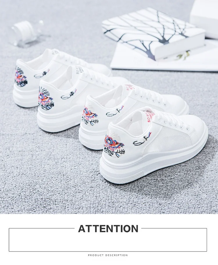 Embroidery Increase Women's Walking Shoes Mesh Breathable White Solid Color Lace Up Platform Flats Shoes Sport Sneaker Famale (2)