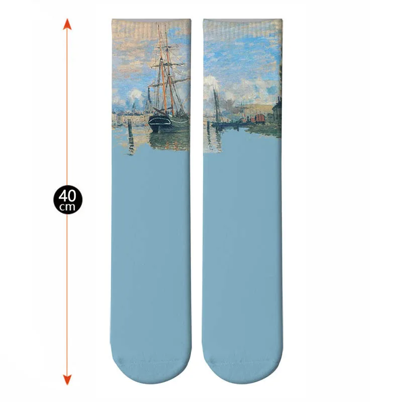 Новые 3d печатные ретро-картины Monet Crew носки мужские Смешные пляжные волны ломающие длинные носки Strent Trend масляная живопись носки без пятки