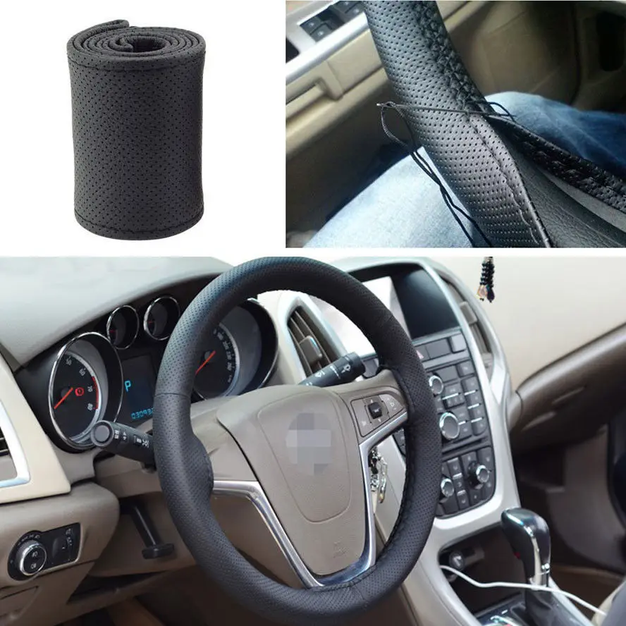 BBQ@FUKA Black Artificial Leather Sweat Needle Thread Steering wheel covers Styling Fit for Universal Toyota A4 Mazda M5 VW ect |