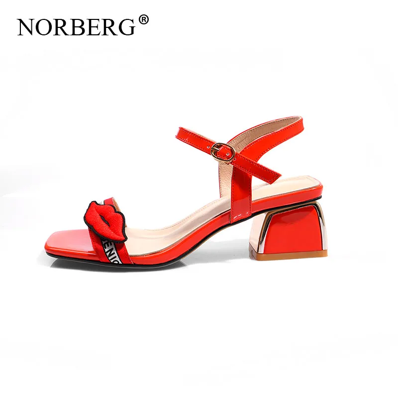 NORBERG-Sandalias sexuales a la moda para mujer, zapatos de cuadrada, sandalias rojas de cuero para boda, 2019 AliExpress