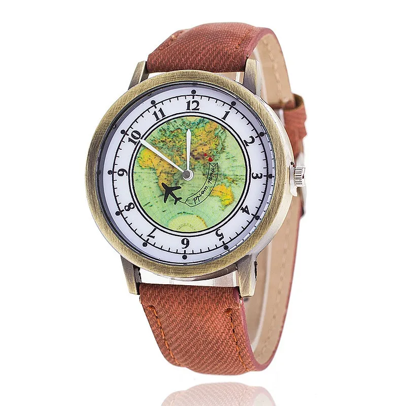 Модные часы для путешествий на самолете с картой из джинсовой ткани, повседневные женские наручные часы, кварцевые часы, подарок для женщин - Цвет: brown