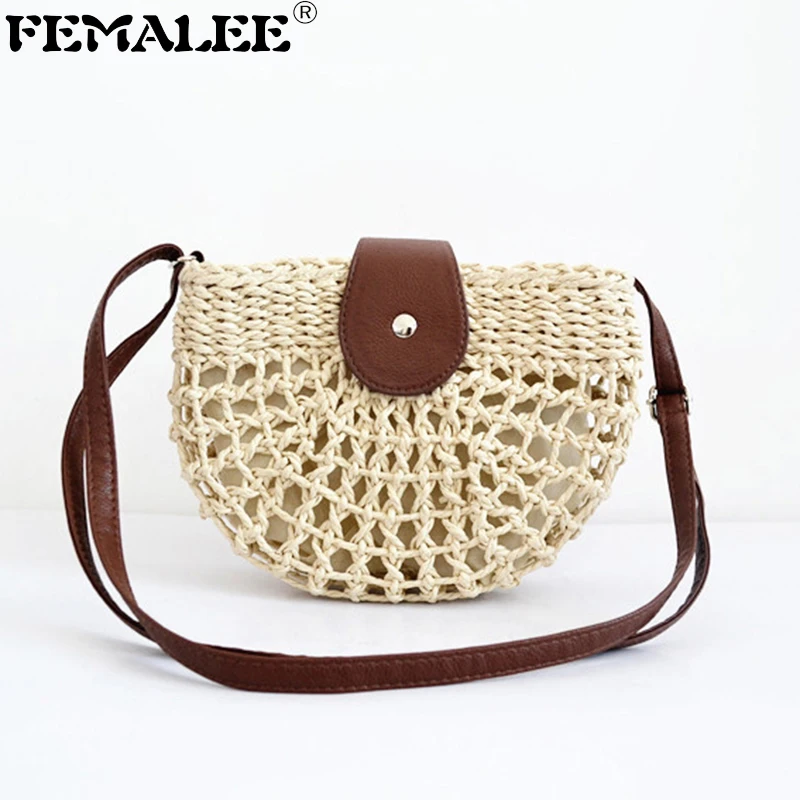 

FEMALEE Mini Hollow Straw Shoulder Bag Bali Bohemian Woven Rattan Holiday Moon Messenger Bag Summer Ins Retro Hand Made Bags