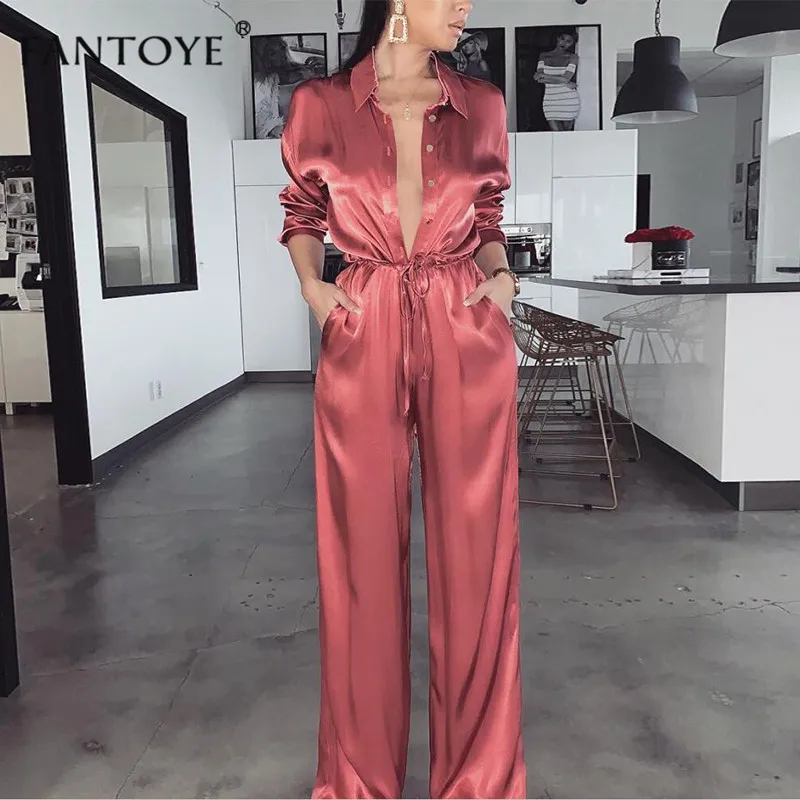 Fantoye Elegant Loose Satin Bodycon Bandage Jumpsuit Women 2020 Spring Sexy Solid Lapel Deep V Neck Playsuits Ladies Streetwear Fantoye Elegant Loose Satin Bodycon Bandage Jumpsuit Women 2020 Spring Sexy Solid Lapel Deep V Neck Playsuits Ladies Streetwear