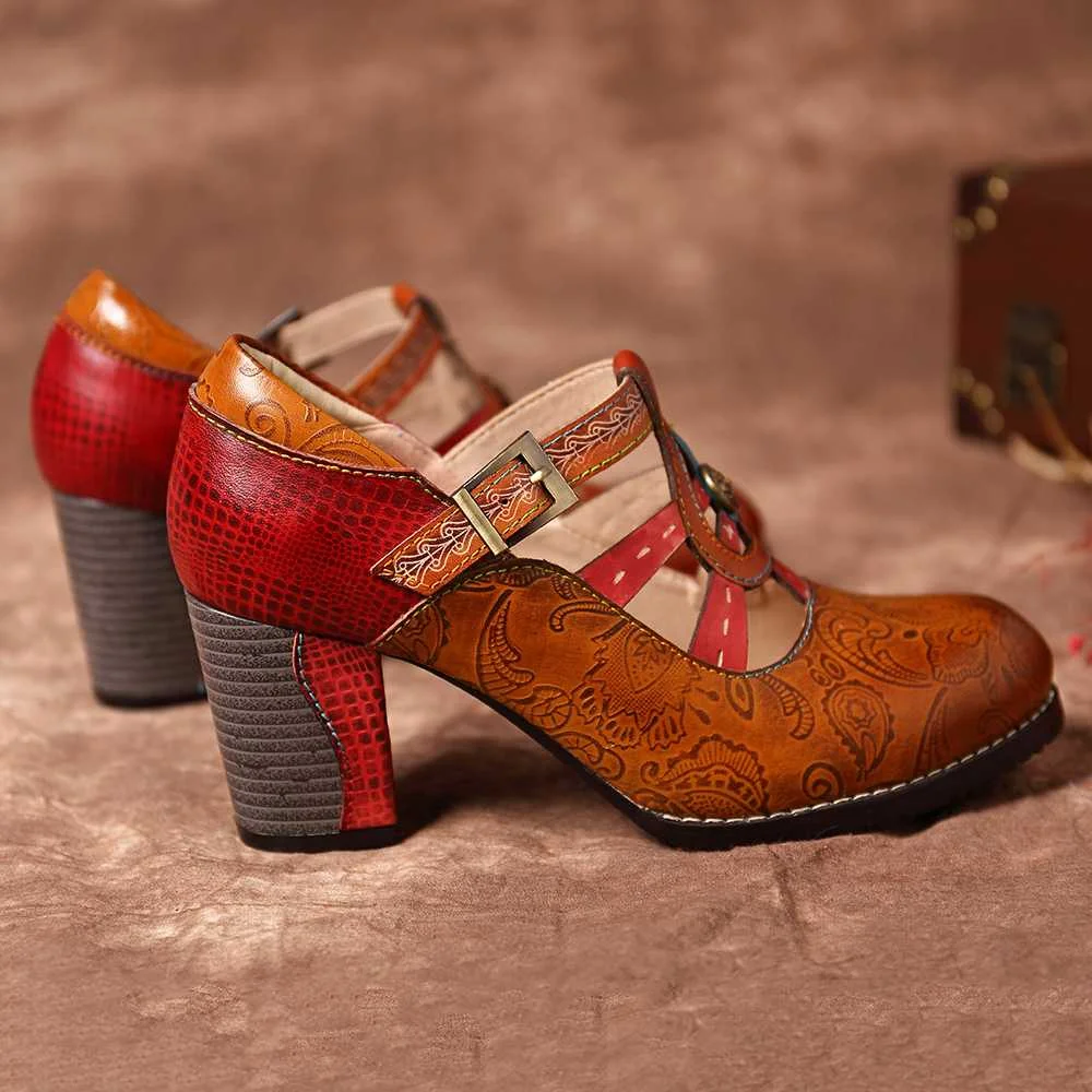 SOCOFY/Элегантные кожаные туфли-лодочки в винтажном стиле с вырезами на массивном каблуке; Прошитые туфли в стиле ретро на застежке-липучке; женские туфли-лодочки в богемном стиле; Новинка