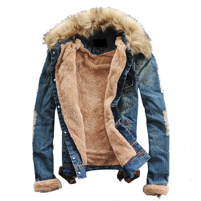 Men Denim Jacket Coat Men Outwear Fur Collar Wool Denim