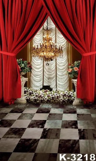 

5*7ft Red Curtain Decoration Digital Backgrounds Cloth Luxury Chandelier Props Floor Studio Backdrops For Wedding Portrait Photo