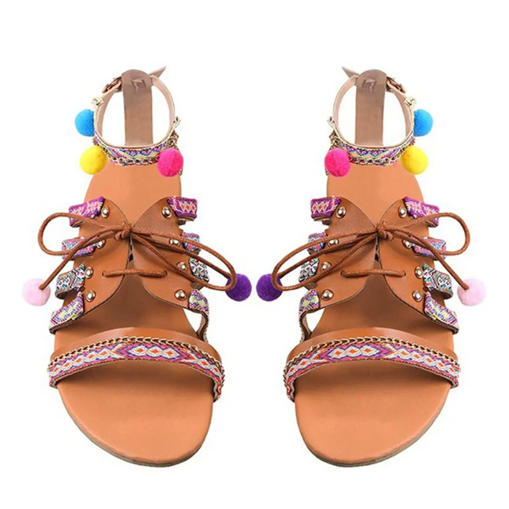 

Bohemia Style Summer Women Sandals Flip-Flops Shoes Breathable Casual Beach Shoes Leather Sandals Flats Shoes Pom-Pom Sandals