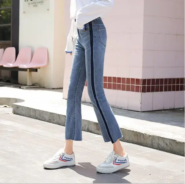 

Women Casual Jeans Spring Summer High Waist Slim Side Stripe Vintage Denim Jeans Chic Korean Style Ladies Ankle Length Jean Hot
