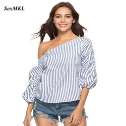 SEXMKL Женские топы и блузки 2018 Повседневное Шифоновая блузка Long Sleeve Cold Shoulder Топы Одежда женская Полосатые рубашки Blusas