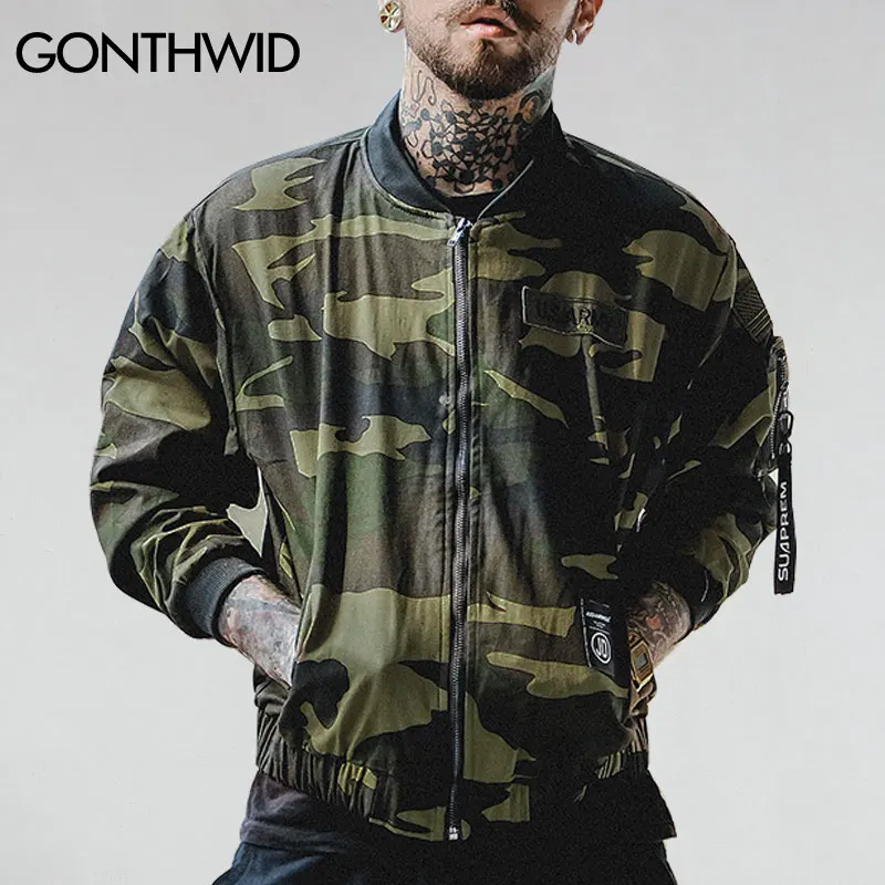 

GONTHWID 2019 Mens Camouflage Bomber Jackets Men's Embroidered Zipper Military Army Green Camo Bomber Jacket Male Thin Jackets