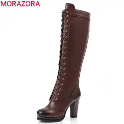 MORAZORA/Новые пикантные на шнуровке pu + натуральная кожа сапоги толстые Обувь на высоком каблуке женские зимние женские ботфорты