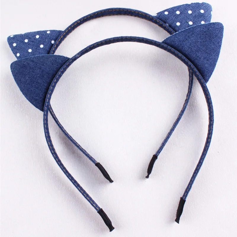 Cute Cats Ears Headband Wholesale Children Korean Hairband Dots Denim