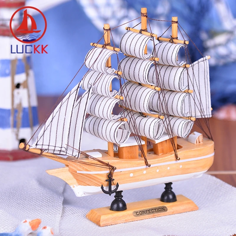 

LUCKK 20CM Wooden Model Ship Nautical Home Interior Decoration Wood Crafts Nordic Sea Style Boat Room Desk Model Ornaments Decor