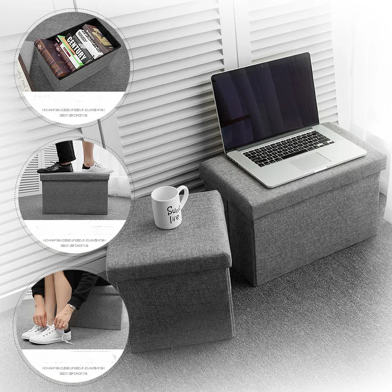 Linen Practical Foldable Storage Box Folding Stool Seat Home Office