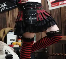 Japanese Harajuku Style Gothic Punk Lolita Black and Red Tartan Plaid Rivet Mini Tiered Skirt/Waist Bag Included