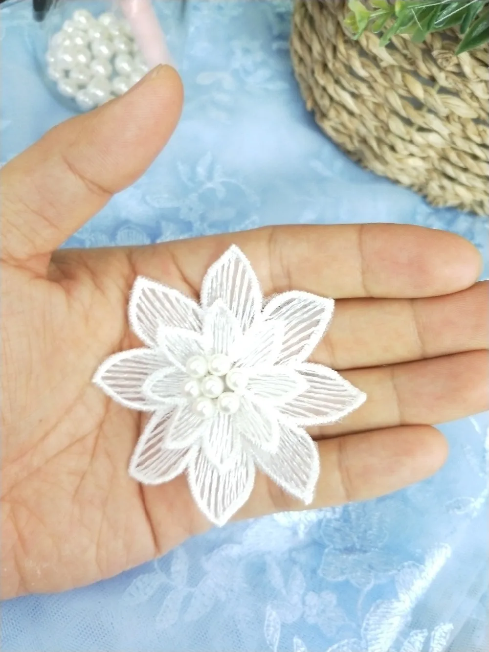 10x Белый жемчуг с бисером 3D Цветы кружевная отделка ручной работы вышитая аппликация лента Ткань для шитья костюма платье украшения