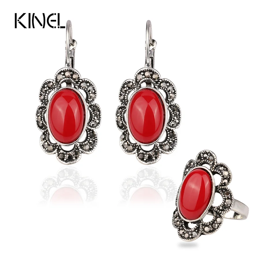 

Vintage Bohemia African Beads Jewelry Set Color Silver Red Resin Jewelry Earrings And Rings Bridal Jewelry Sets