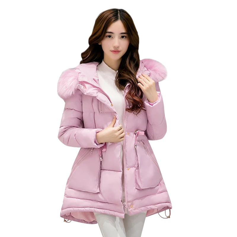 2016 new fashion women jacket female slim thick long real fur collar coat hooded outwear high quality cotton warm parka