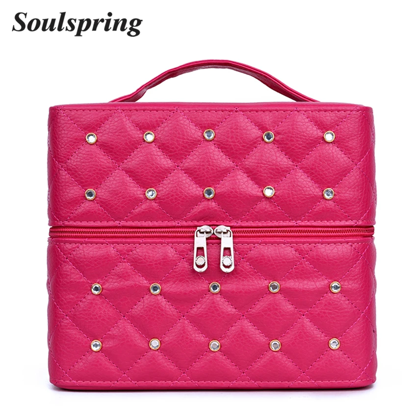 

SOULSPRING Professional Multilayer Cosmetic Bag Box Diamond Lattice Women Make Up Bag Organizer Large Capacity Suitcase Cosmetic