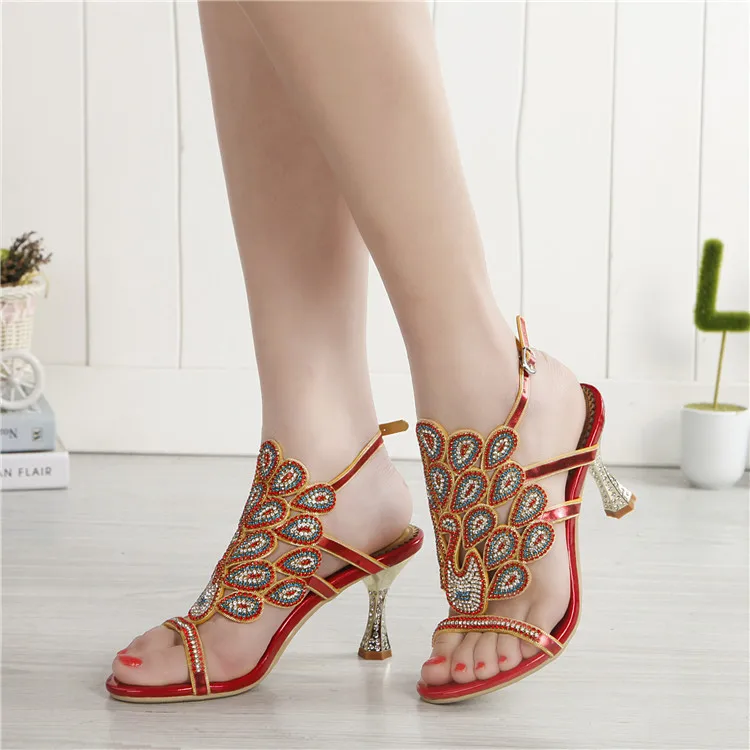 G-sparrow 2018 Summer New Korean Sexy Red Rhinestone Sandals Stiletto High Heel Diamonds Comfortable Womens Shoes Large Size5