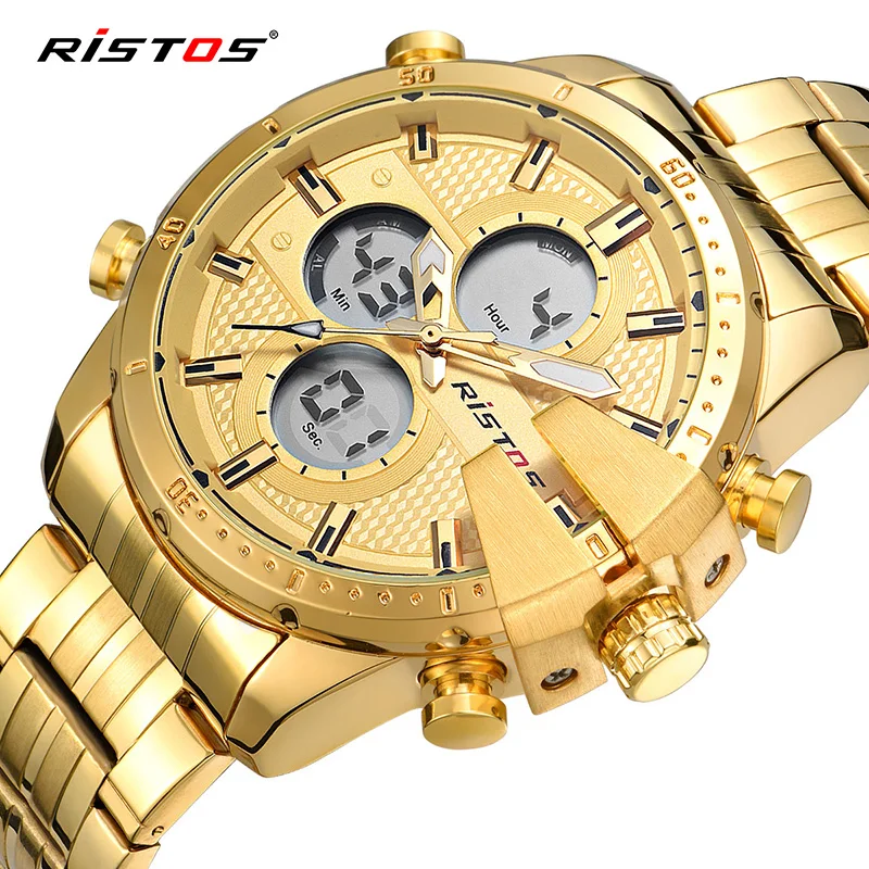 Koop Ristos Fashion Relojes Masculino Hombre Multifunctionele Rvs Man Sport Horloges Mannelijke Chronograaf Digitale Horloge 9345