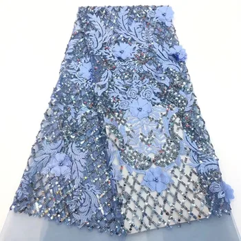 

3D Flower Applique African French Mesh Lace Fabric Embroidered Tulle Net Laces With Sequins&Beads For Wedding Dress