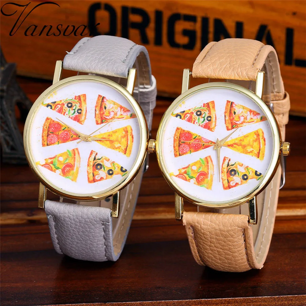 

2019 Vansvar Women Men Belt Pizza Pattern Watch Candy Color Leather Strap Male Female watch relogio Feminino Drop shipping Q