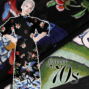 

LEO&LIN Chinese Style Crane Wave Flower Print Digital Silk Hemp Fabric Linen 140*118cm