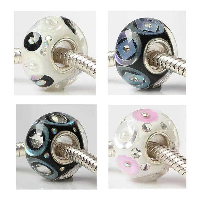 

925 Sterling Silver Large Hole Colorful 3D Flowers stripe Murano Glass Charm Shining Round Beads Fit European Bracelet Jewelry