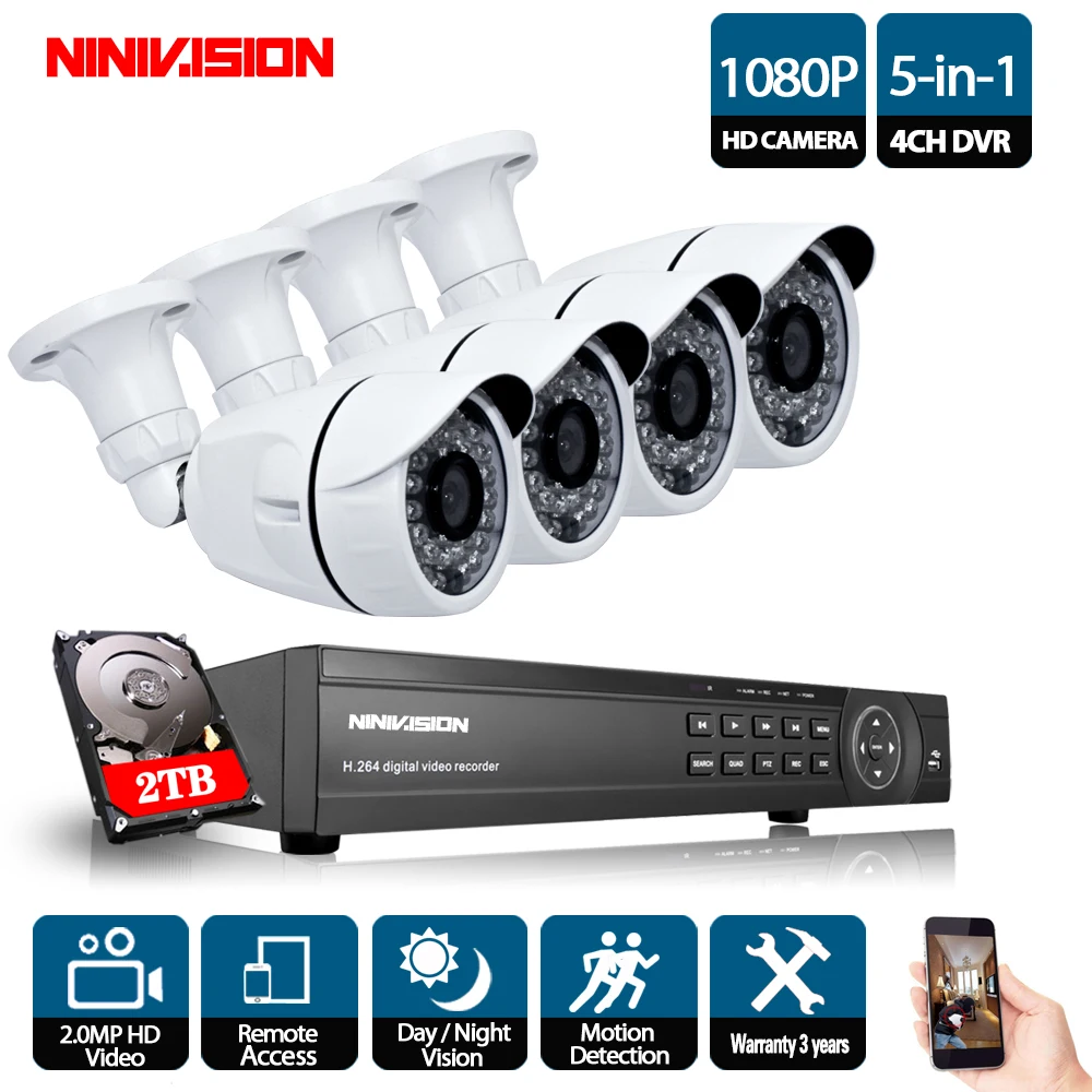 NINIVISION дома 4CH 1080 P AHD CCTV DVR Системы 4 шт. CCTV Камера s 2,0 мегапикселя Enhanced ИК безопасности Камера системы с 2 ТБ HDD