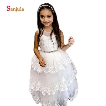 

Lace Flower Girls Dresses 2019 Illusion O-Neck Ball Gown First Communion Dresses Tieres Lace Skirt Beaded vestidos flores D934