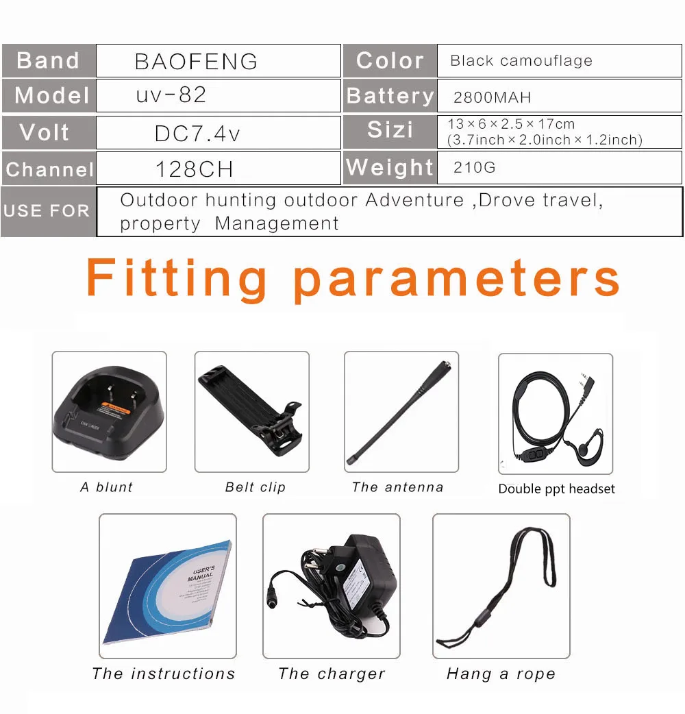 2 шт. портативная рация пара UV 82 двухдиапазонный UHF VHF портативный радио сканер для 2 двухсторонний радиоприемопередатчик Baofeng UV-82 Ham радио