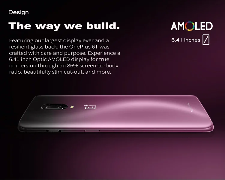 ONEPLUS 6T A6010 8GB RAM 128GB ROM Qualcomm Snapdragon 845 2.8GHz Octa Core 6.41 Inch 2.5D AMOLED Corning Gorilla Glass 6 FHD+ Full Screen Dual Camera Android 9.0 4G LTE Smartphone