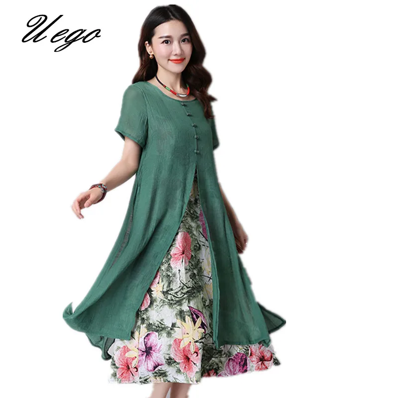 

Uego 2019 New Fashion Long Dress Vintage Print Floral Brand Women Dress Cotton Linen Short Sleeve Plus Size Casual Summer Dress