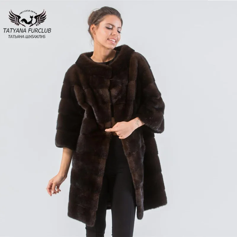 

Tatyana 2019 Plus Size Real Mink Fur Coat Natural Fur Women V-Collar Real Fur Coat Nine Sleeve Mink Fur Outwear Jackets Coat