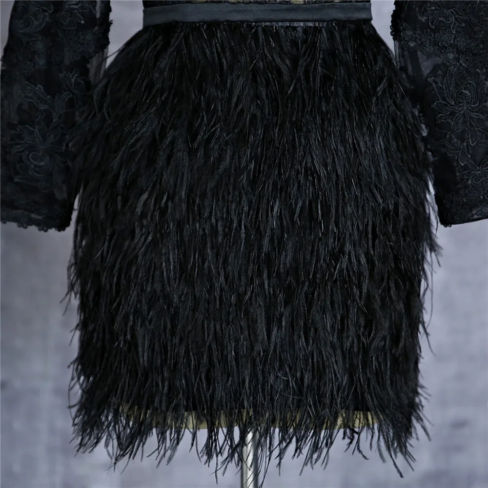 Черный элегантные коктейльные платья а-силуэта с высоким воротником одежда с длинным рукавом Короткая мини-юбка с отделкой кружевом и пером Короткие вечерние, выпускные платья
