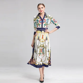 

summer dresses women 2019 three quarter sleeves fashion elegant midi turn-down collar slim office lady dress cotton casual