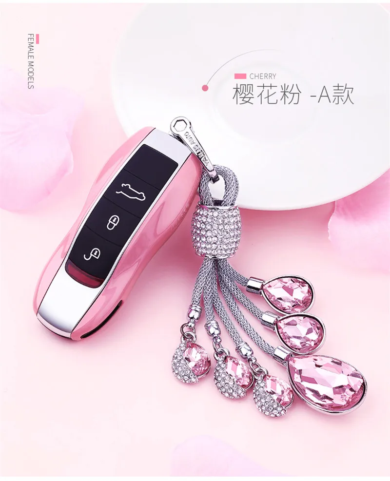 

TPU Car Key Case Auto Key Protection Cover For Porsche Cayenne Macan 718 Panamera Tears of the Sky Artificial Crystal Pendant