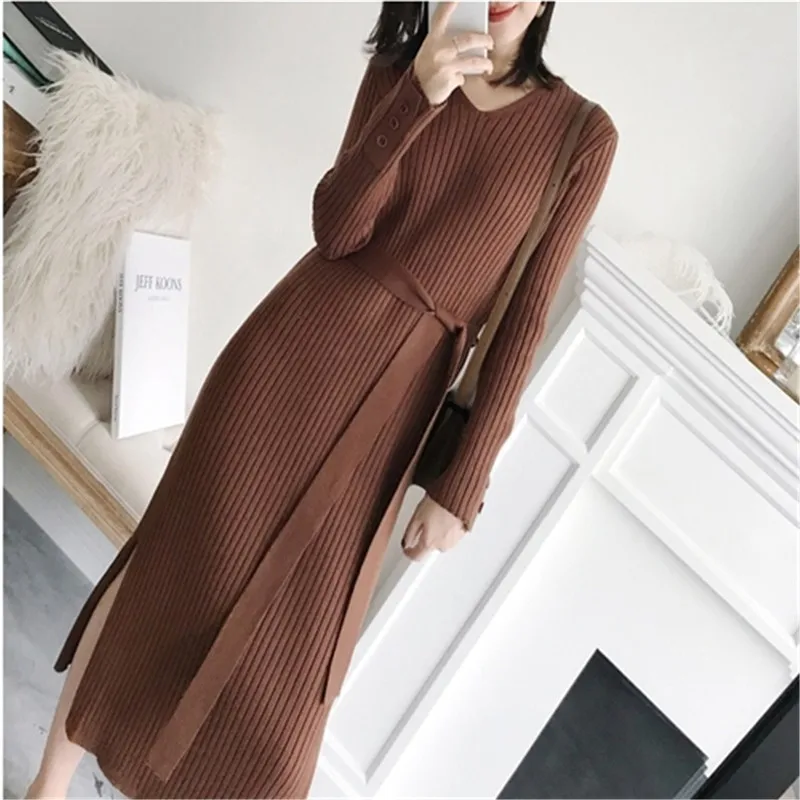 

2018 Autumn Winter Women Long Knitted Dresses V Neck Split Sashes Sweater Dress Long Sleeve Sheath Dress Party Vestidos AB1066