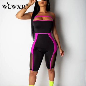 

WLWXR Streetwear Patchwork Striped Bodycon Jumpsuit Women Playsuit Black Skinny Summer Romper Women Sexy Club Jumpsuit Female